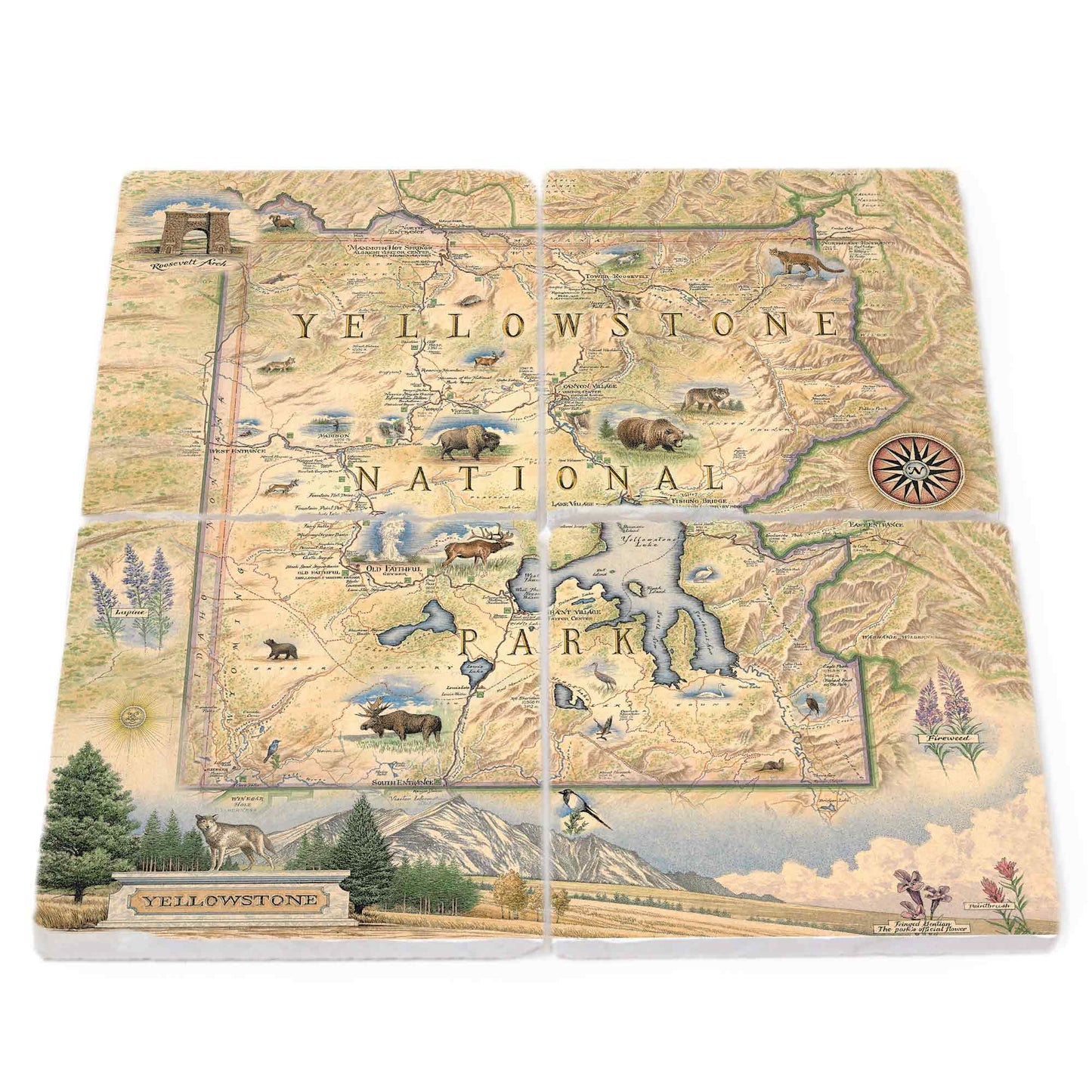 A four-piece ceramic tile coaster set featuring a vintage-style illustrated map of Yellowstone National Park with bison, trees, mountains, and scenic details on a white background.