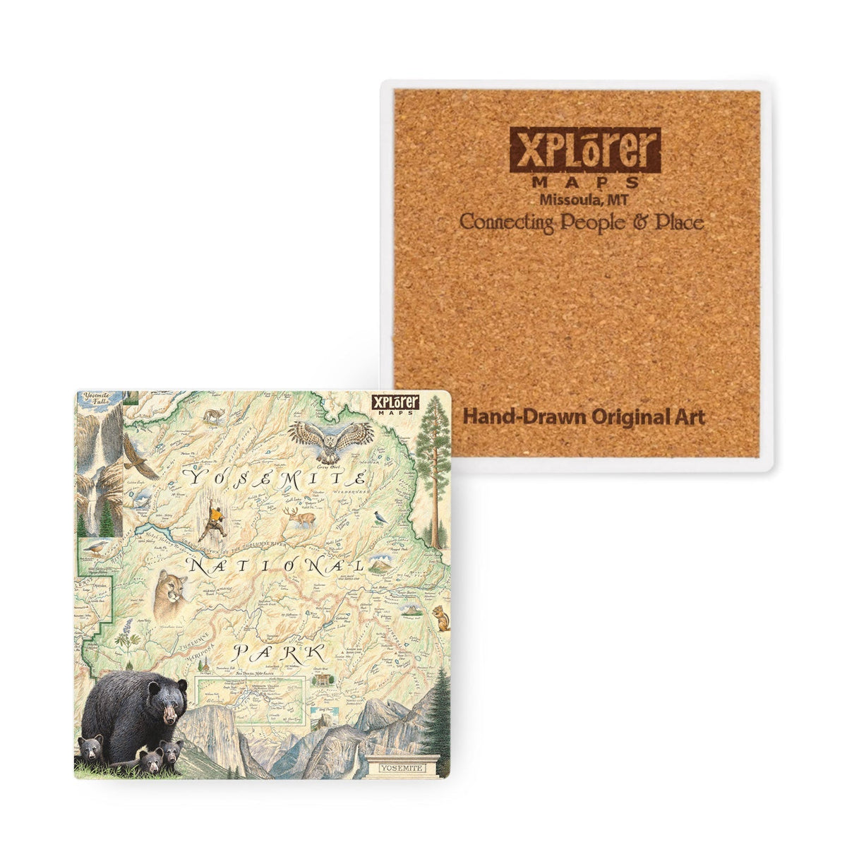 Two Xplorer Maps coasters on a white background, one showing a detailed Yosemite National Park map illustration and the other showing the cork backing with the brand logo.