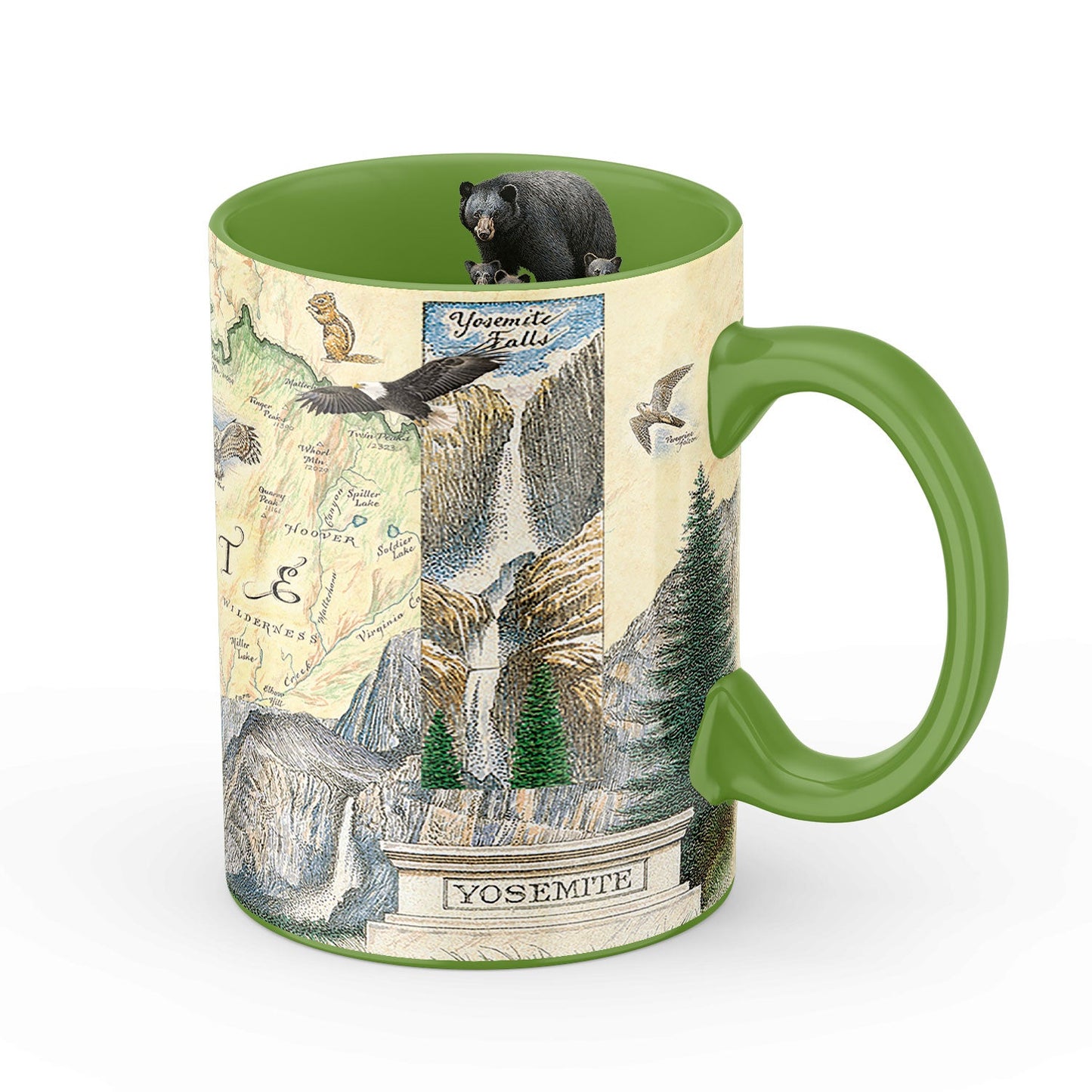 A ceramic mug featuring a Yosemite Falls map design with illustrated scenery, a small black bear perched on the rim, and a green handle and interior, shown on a white background.