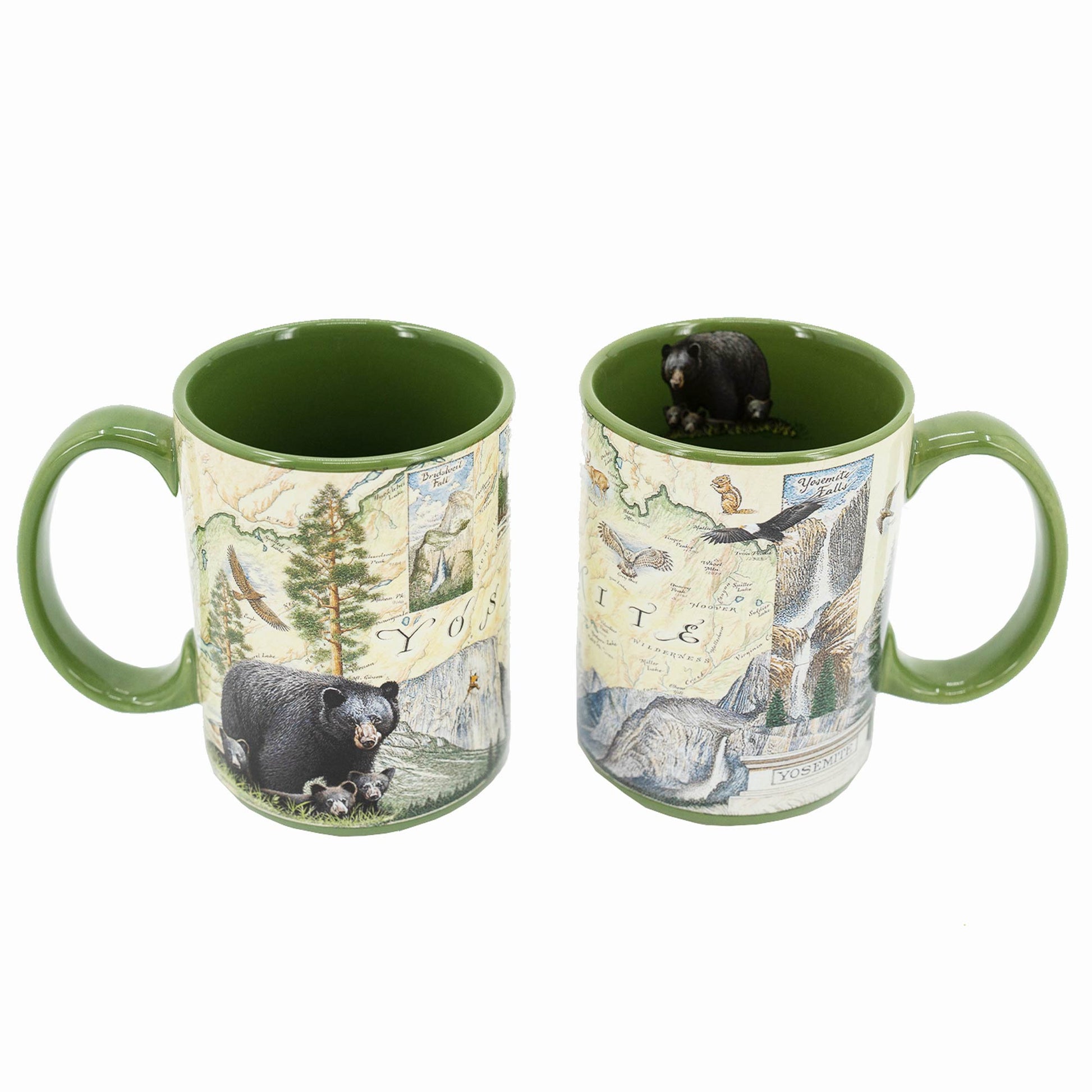 Two green ceramic mugs with a vintage-style map of Yosemite National Park printed on the outside, featuring a black bear illustration and a small black bear figurine sitting inside one mug, shown on a white background.