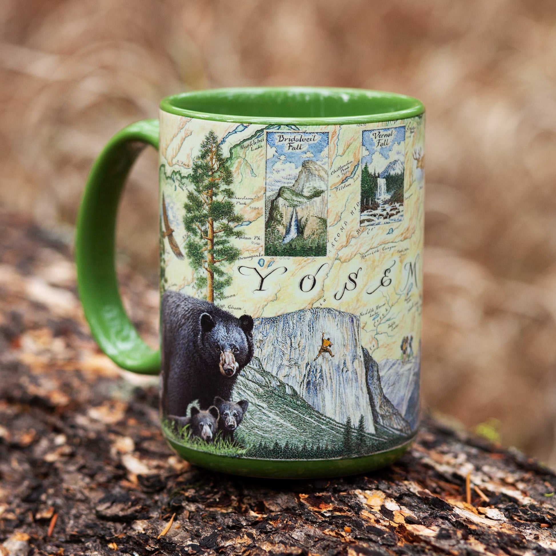 A green ceramic mug with a detailed Yosemite National Park map design featuring El Capitan, a grizzly bear, and the word 'Yosemite', photographed sitting on a tree trunk outdoors with a blurred forest background.