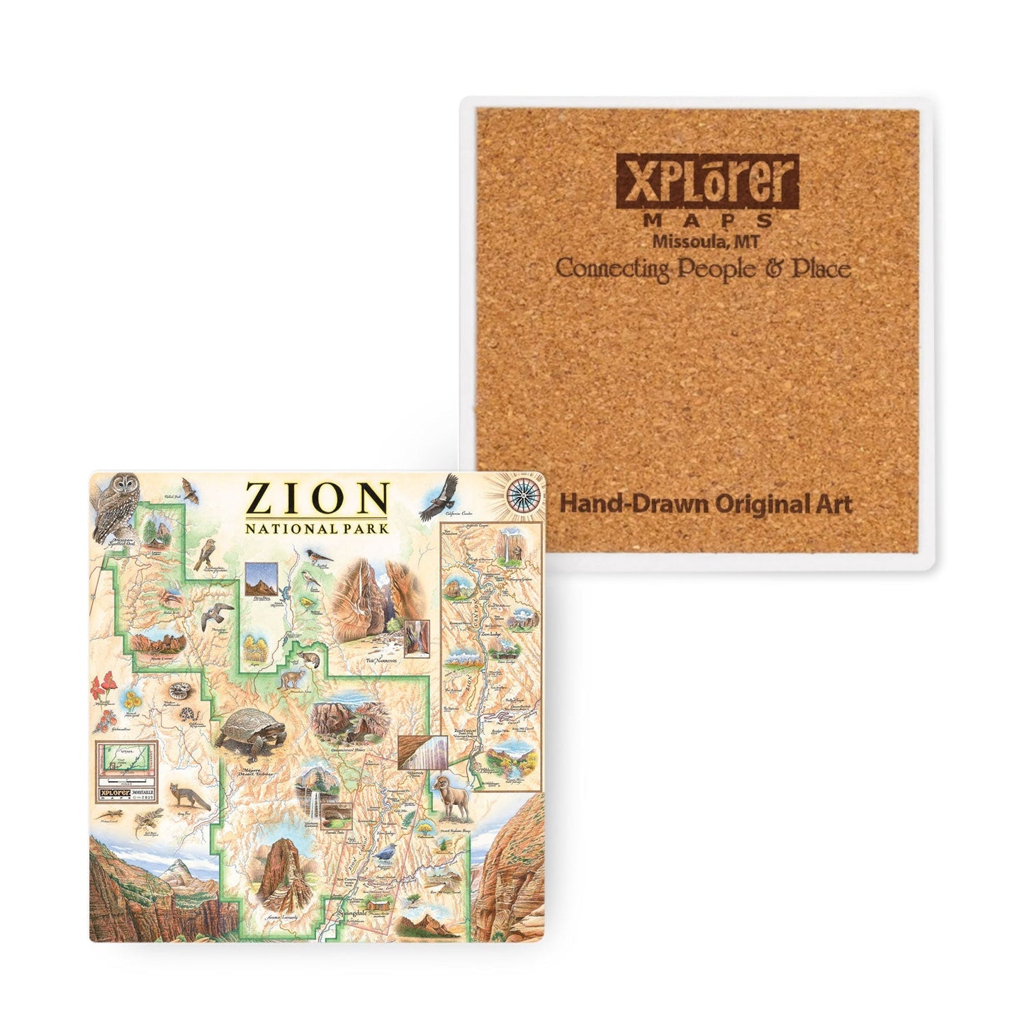 Ceramic coaster featuring a hand drawn map design of Zion National Park against a white background.