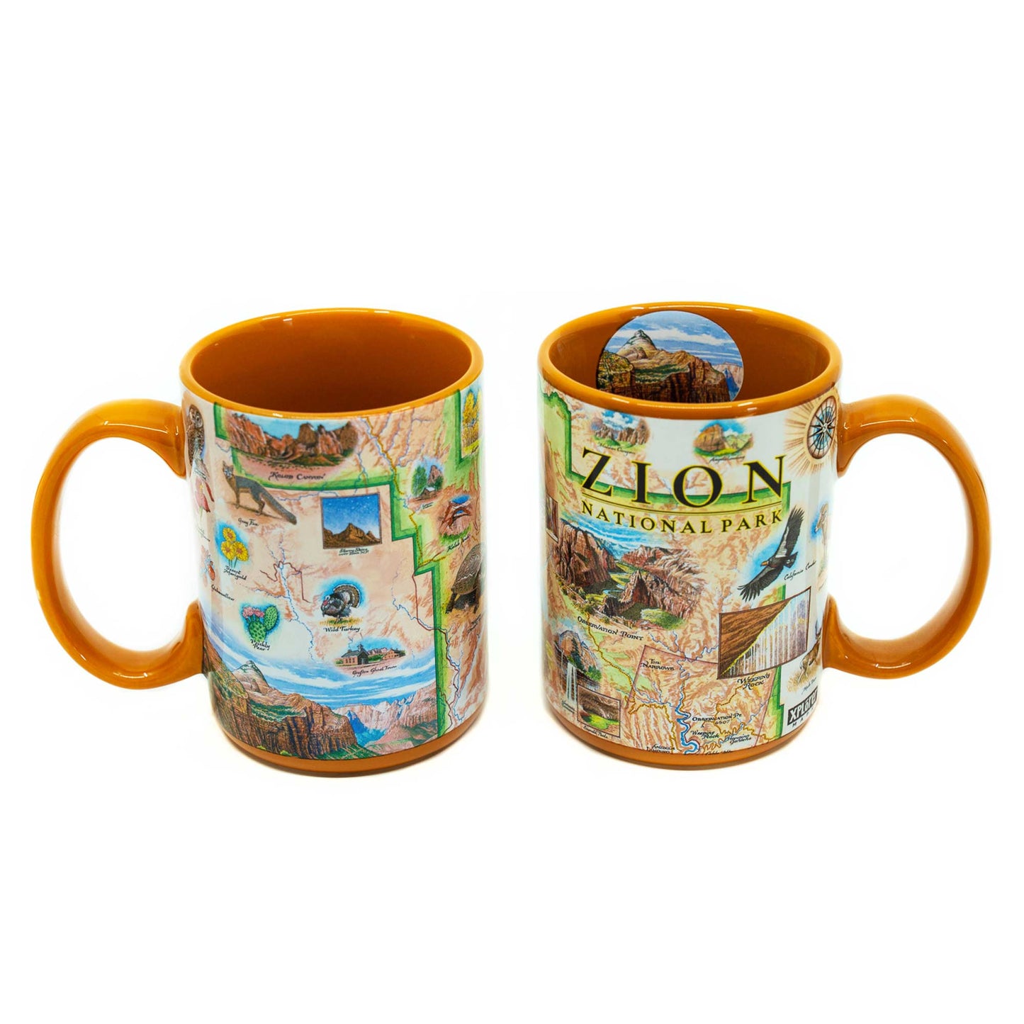 Two views of a ceramic mug featuring a colorful illustrated map design of Zion National Park, with an orange interior and handle, shown on a white background.