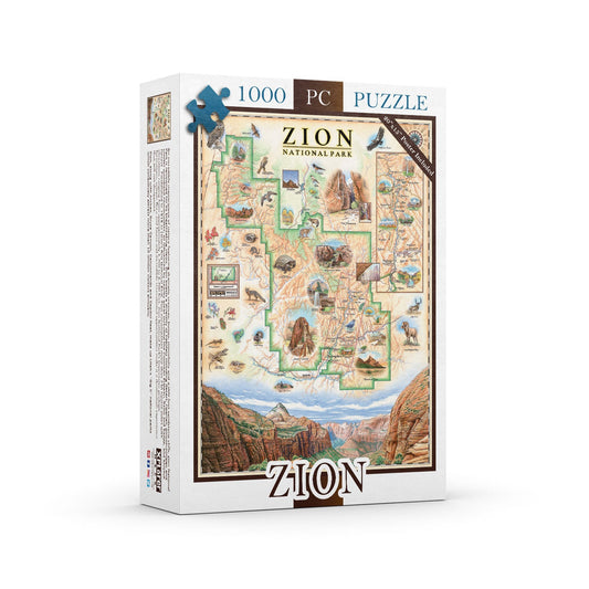 A 1000-piece jigsaw puzzle box featuring an illustrated map of Zion National Park, shown on a clean white background.