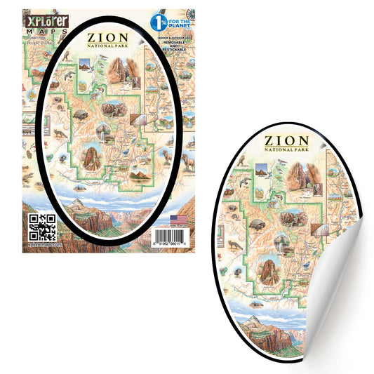 A Zion National Park map sticker shown flat on the left and partially peeled back on the right, with a large black oval highlighting the main printed area. The sticker features a detailed illustrated map with labeled sections, desert landscapes, and small scenic illustrations.