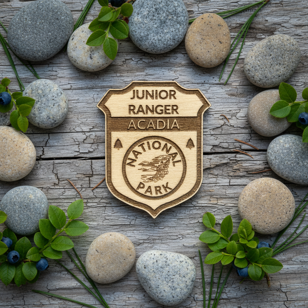 A wooden shield-shaped badge engraved with 'JUNIOR RANGER ACADIA NATIONAL PARK' is displayed on a weathered wood surface, surrounded by decorative river stones and small green plants.
