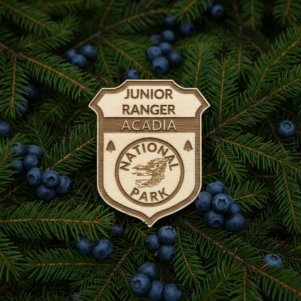 A wooden shield-shaped badge engraved with 'JUNIOR RANGER ACADIA NATIONAL PARK' and a ranger hat emblem, placed on green evergreen branches with blueberries.