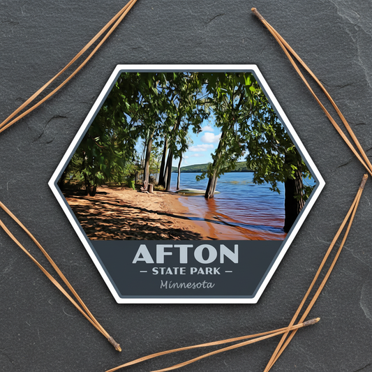 A hexagonal sticker featuring a scenic photograph of Afton State Park in Minnesota, with a white border and a dark gray bottom section containing the text 'AFTON STATE PARK Minnesota'. The item is displayed on a dark slate background with pine needles arranged around it.