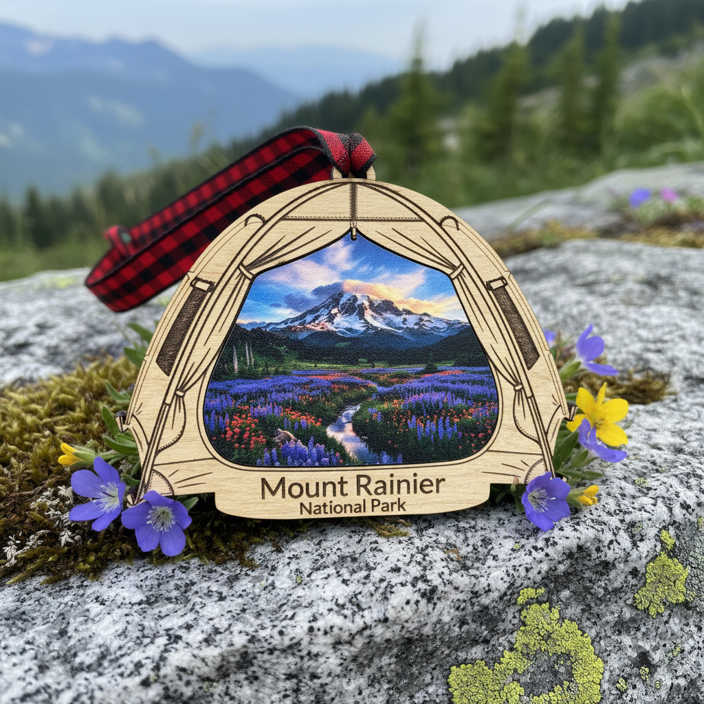 A wooden Mount Rainier National Park ornament shaped like a tent, featuring an engraved mountain and wildflower landscape with a red plaid hanging ribbon, displayed on a rock with small purple and yellow flowers in a blurred outdoor mountain setting.