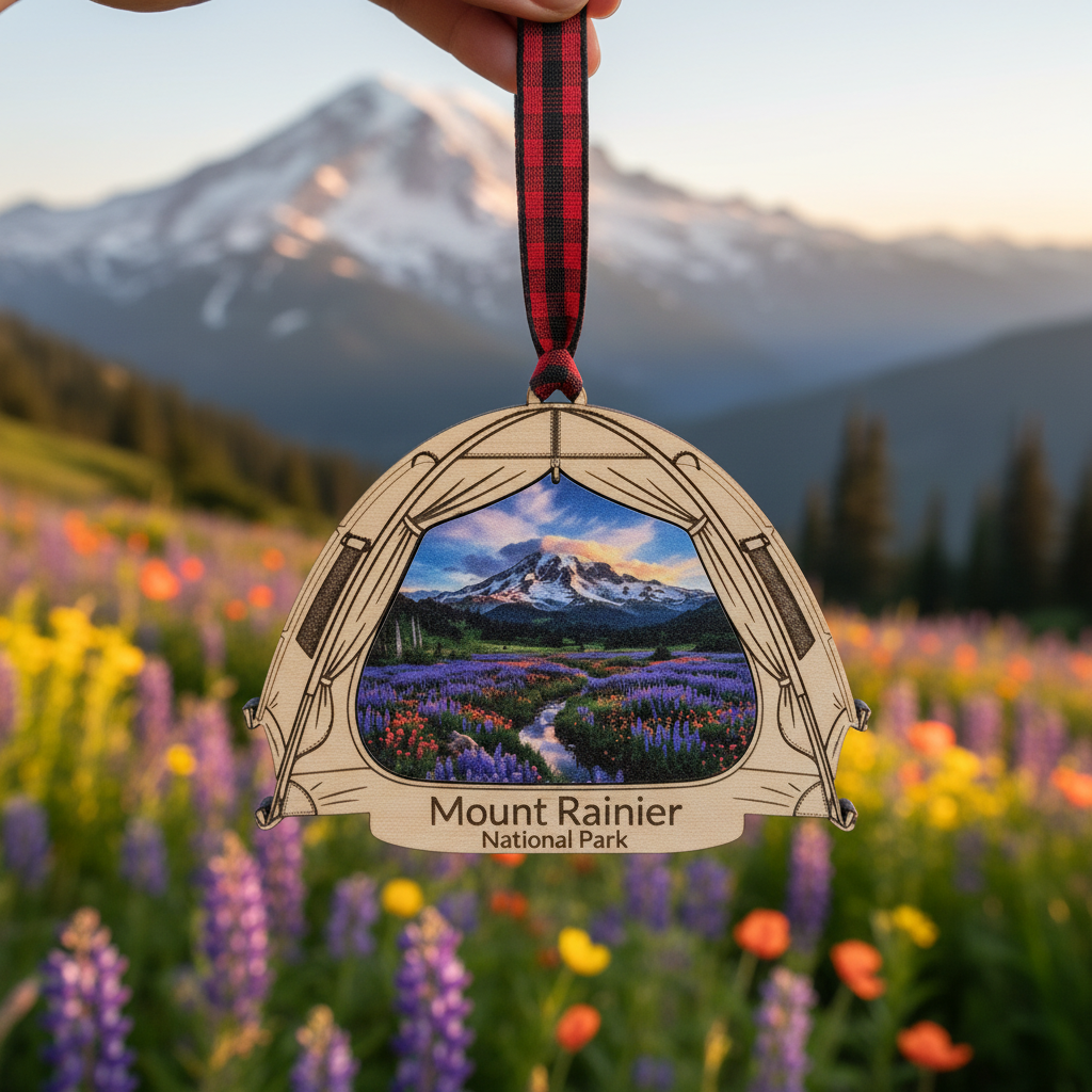 A camping-themed ornament featuring a printed Mount Rainier National Park scene with a tent outline, hanging from a red plaid ribbon. A hand holds the ornament in front of a blurred mountain and wildflower landscape.