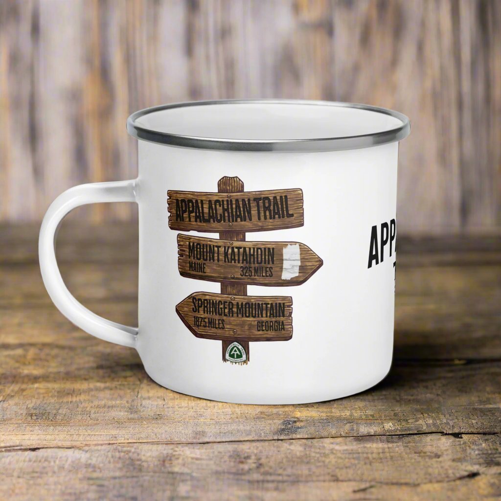 Appalachian Trail mug sitting on a rustic wood countertop