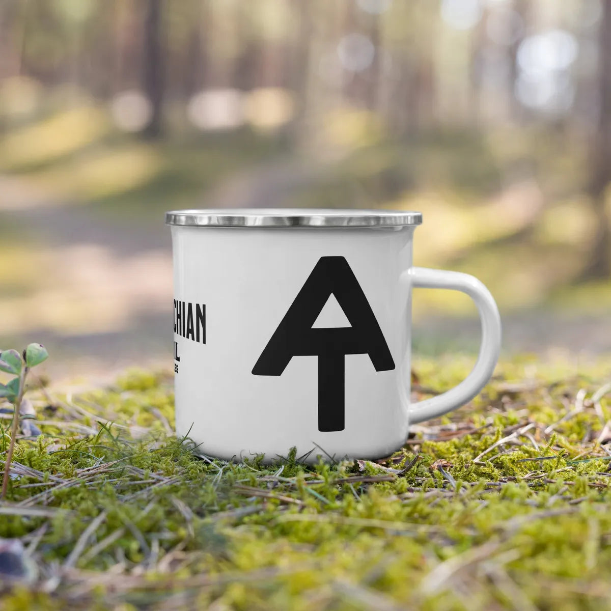 Appalachian Trail mug sitting on a bed of moss in the woods