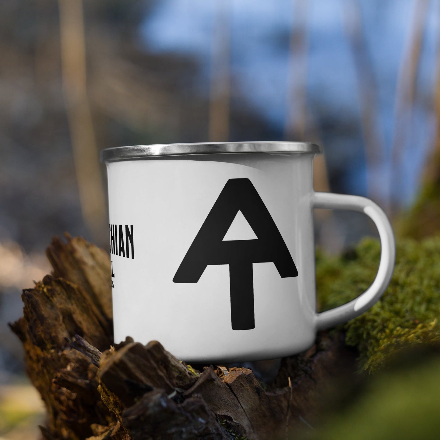 Appalachian Trail mug sitting on a rotted stump in the woods