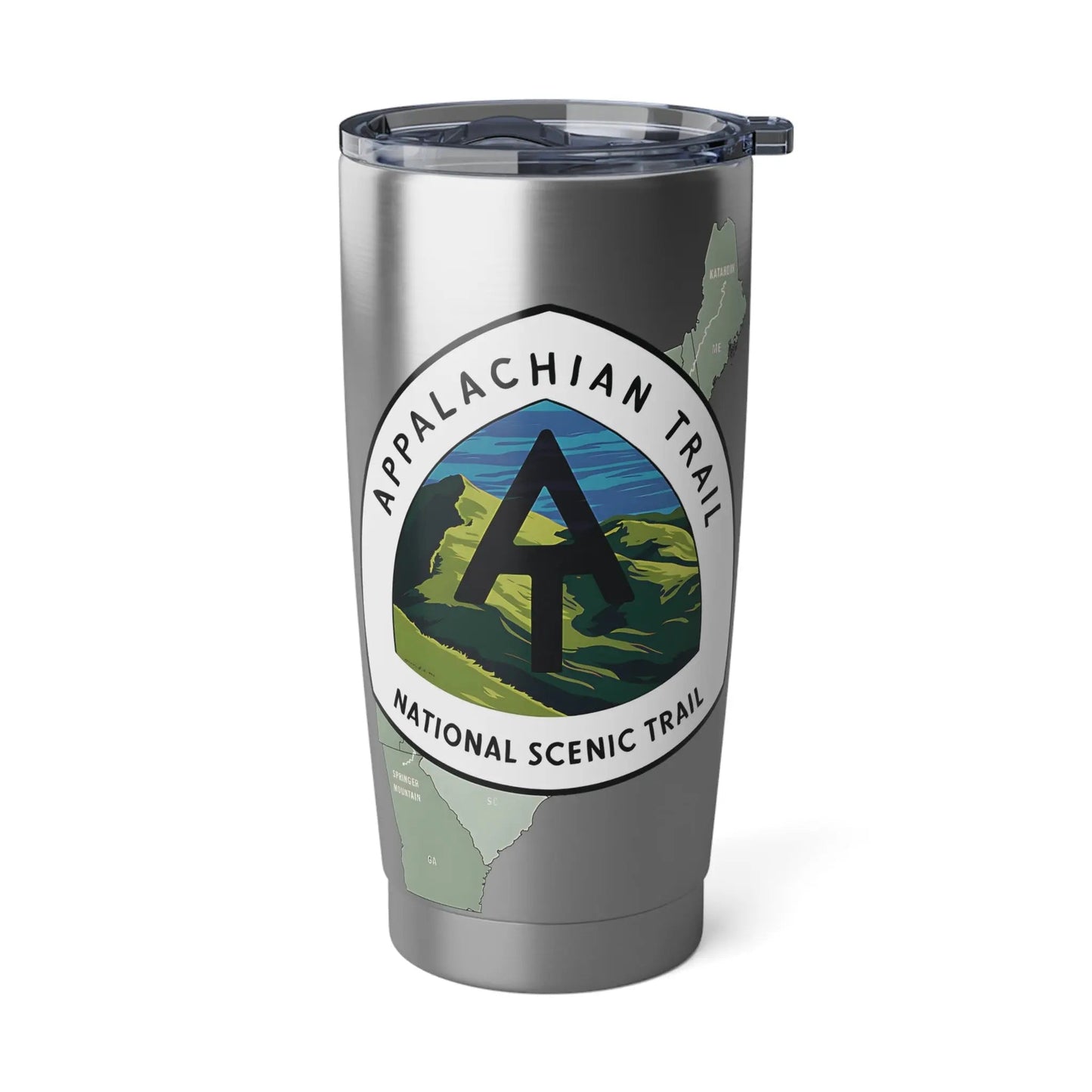 Stainless steel tumbler with Appalachian trail logo and map design against a white background.