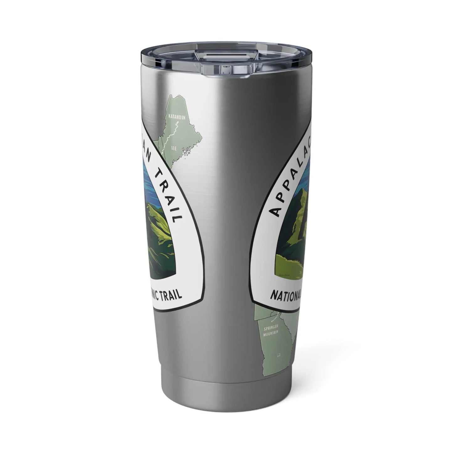 Side view of a Stainless steel tumbler with Appalachian trail logo and map design against a white background.
