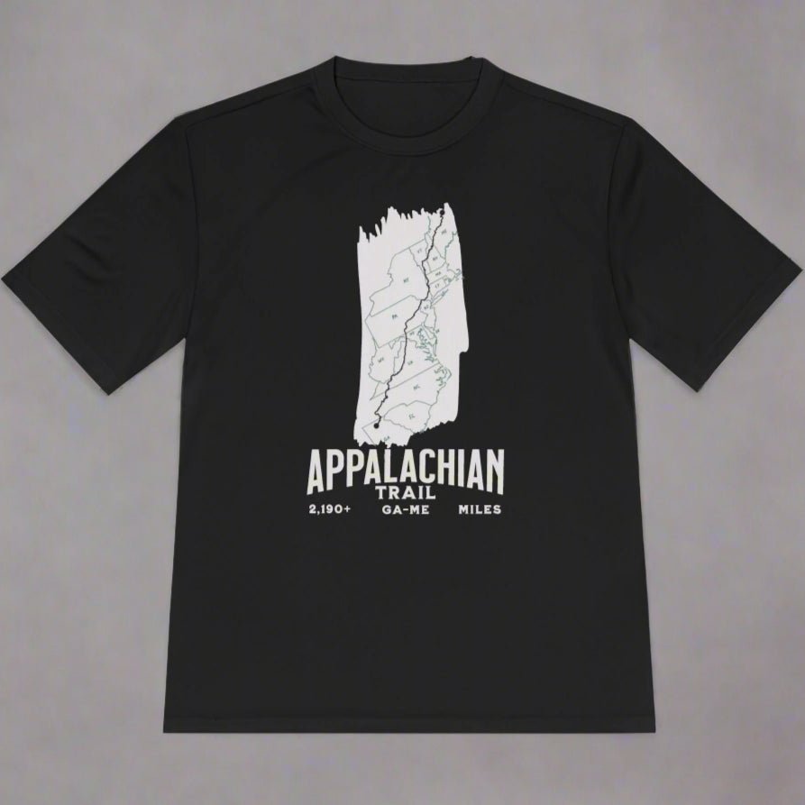 Black t-shirt with white Appalachian Trail graphic on a gray background