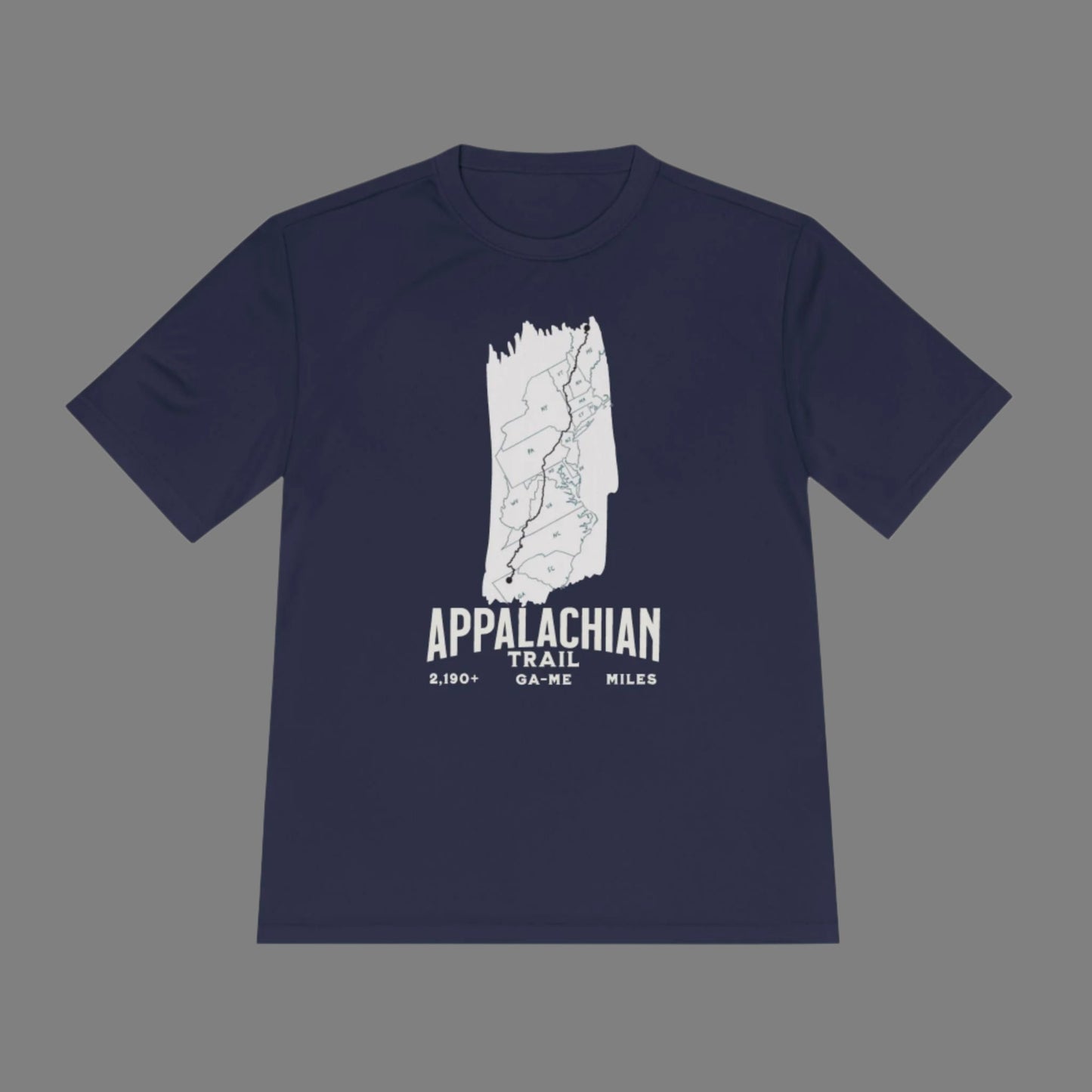Aqua blue t-shirt with white Appalachian Trail graphic and text on a gray background