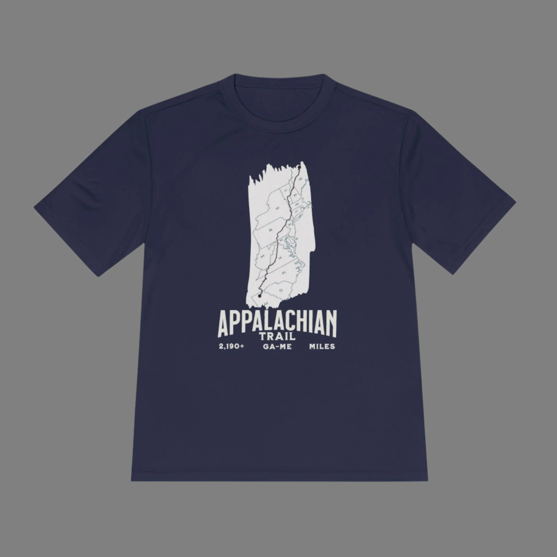 Aqua blue t-shirt with white Appalachian Trail graphic and text on a gray background
