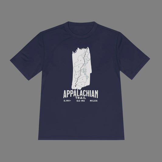 Aqua blue t-shirt with white Appalachian Trail graphic and text on a gray background