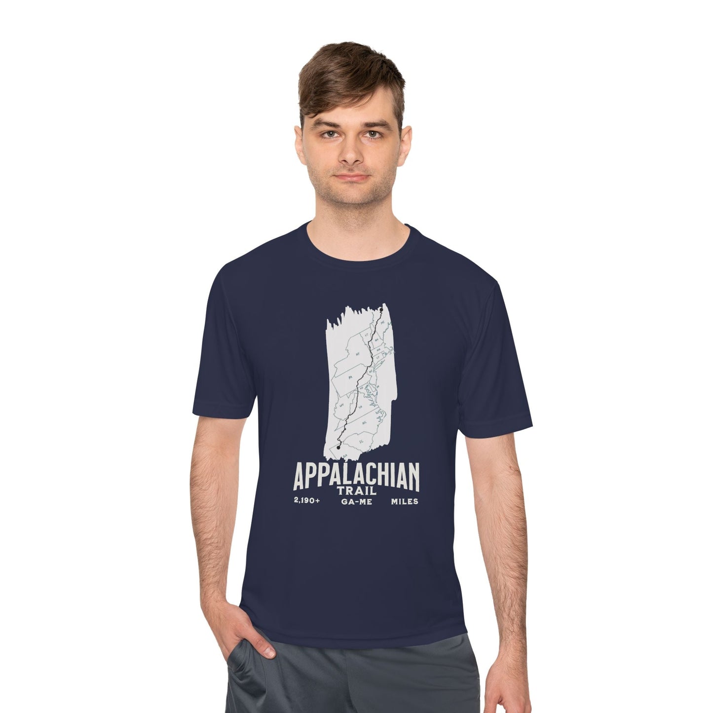 Man wearing a navy blue t-shirt with a white graphic and text on a white background