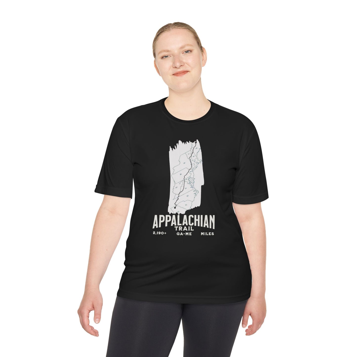 Person wearing a black t-shirt with 'Appalachian Trail' design on a white background