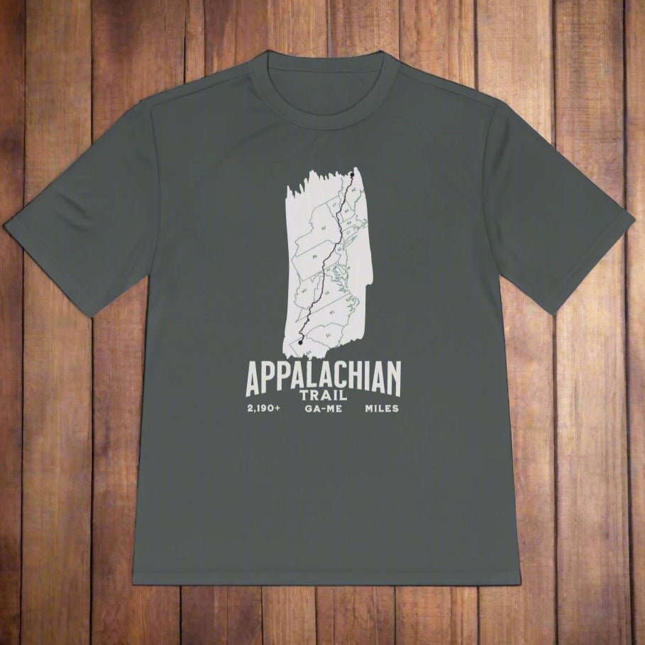 Dark gray t-shirt with white Appalachian Trail graphic on a wooden surface