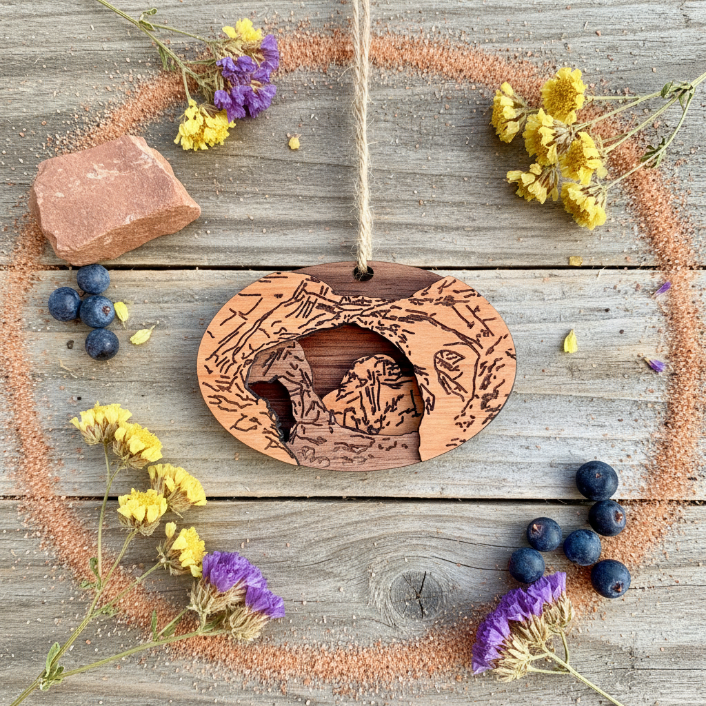 A carved wooden ornament with Arches, hanging from a twine string on a rustic gray wood surface. The ornament is surrounded by loose pink sand, yellow and purple dried flowers, blueberries, and a small stone.