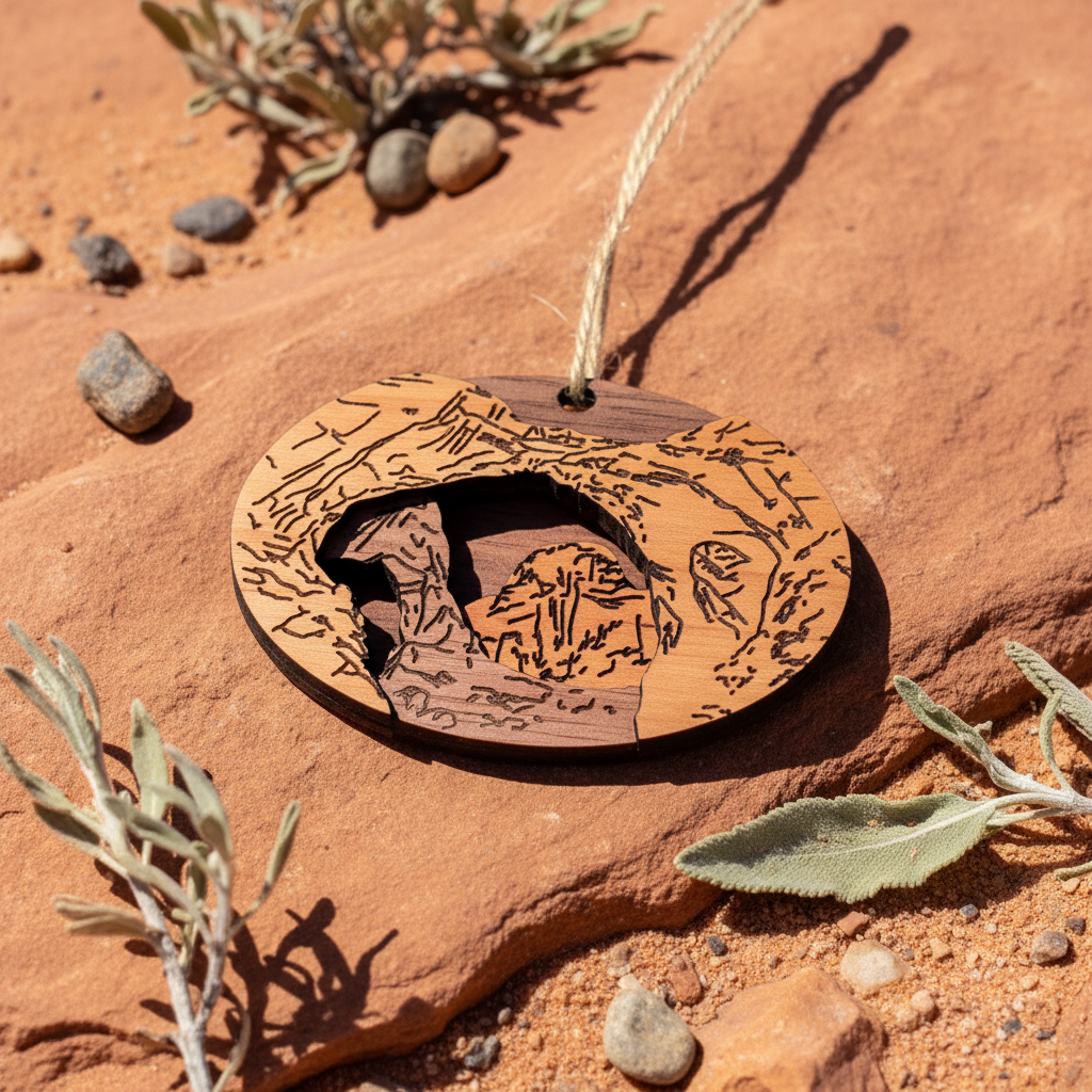 A round wooden ornament with an Arches scene in the center, hanging from a natural twine string on a red rock surface outdoors.