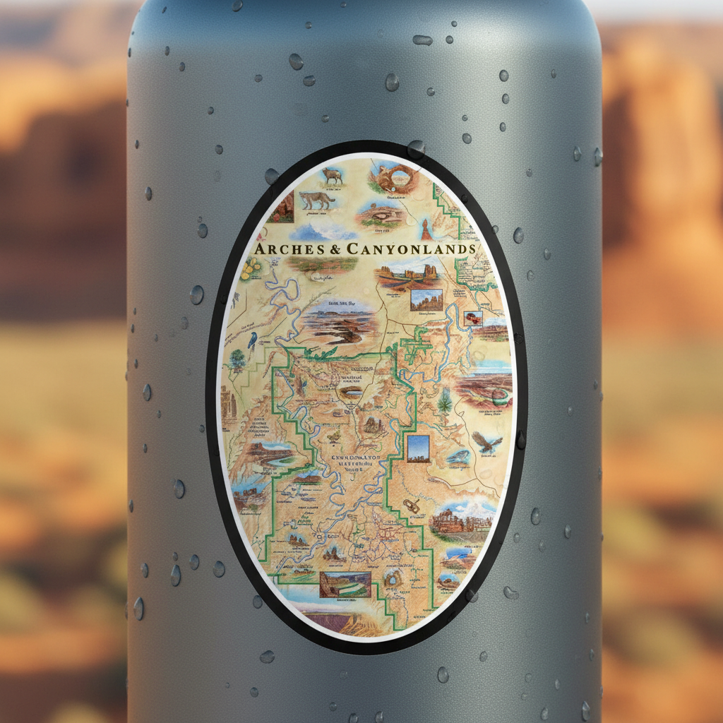 A close-up of a gray insulated bottle with water droplets, featuring an oval sticker labeled 'Arches & Canyonlands' with a detailed illustrated map of the location.