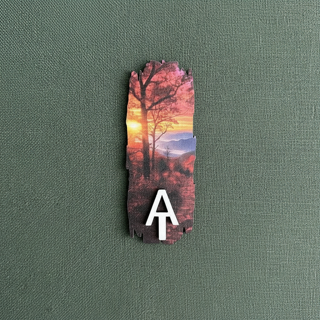 A rectangular wooden magnet with a printed sunset landscape scene and a white stylized letter 'AT’ at the bottom, displayed on a textured dark green background.