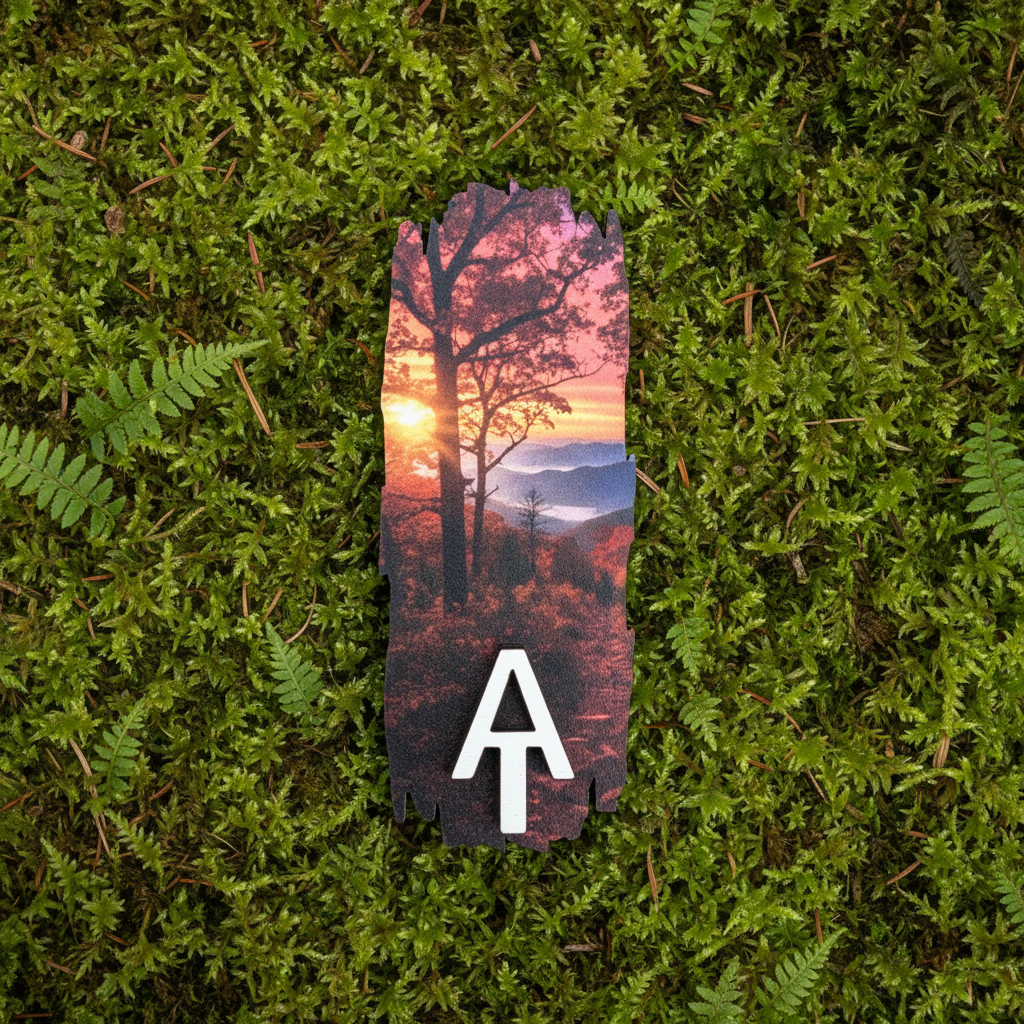 A die-cut wooden magnet featuring a scenic sunset landscape with a tree silhouette and a white stylized letter 'AT’ at the bottom, placed on a bed of green moss and ferns.