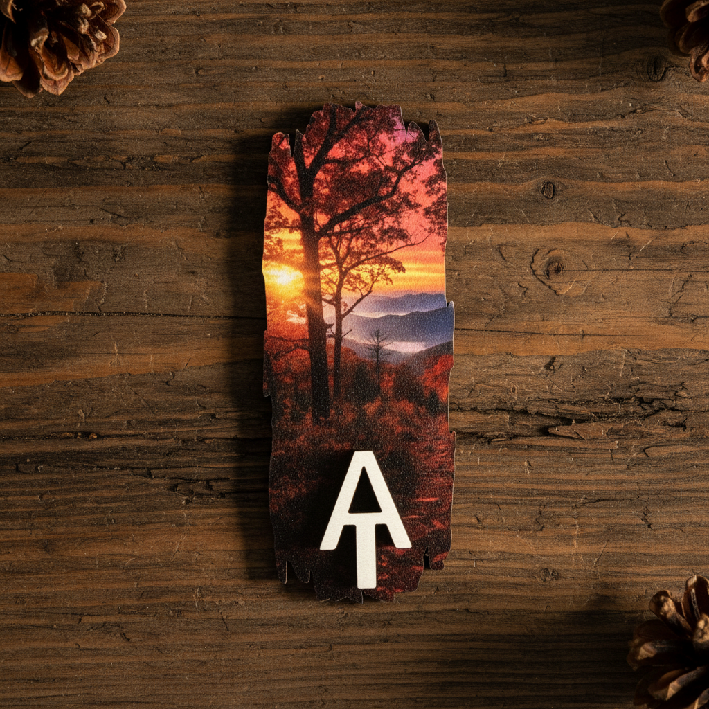 A artistic wooden magnet with a printed autumn mountain sunset scene and a bold white letter 'AT’ at the bottom, displayed on a dark wood background with pinecones in the corners.