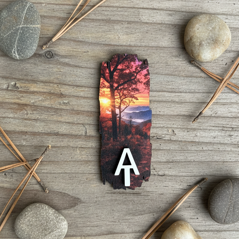 A rectangular wooden magnet with a printed autumn forest sunset design and a white monogram letter 'AT’ at the bottom, displayed on a weathered wood surface surrounded by decorative stones and pine needles.