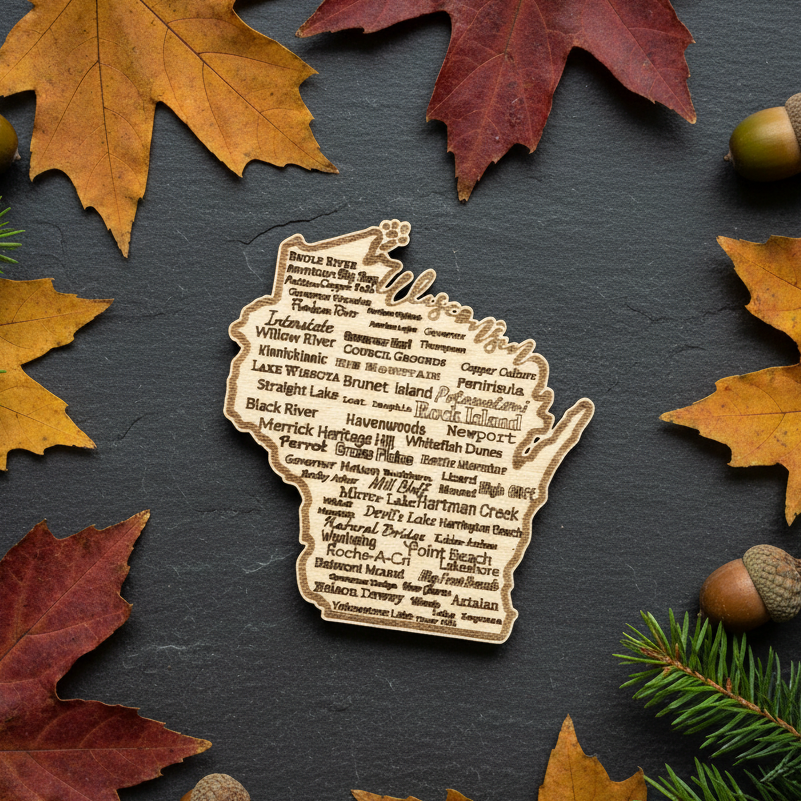 Wooden Wisconsin park and forest magnet surrounded by autumn leaves and acorns on a dark surface