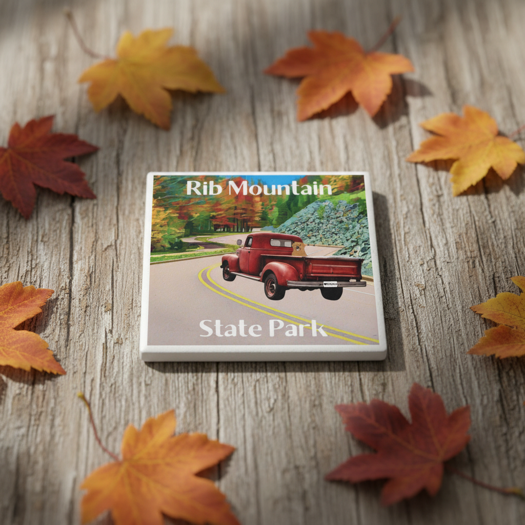 Ceramic coaster of Rib Mountain State Park with a red truck on a wooden surface with autumn leaves.