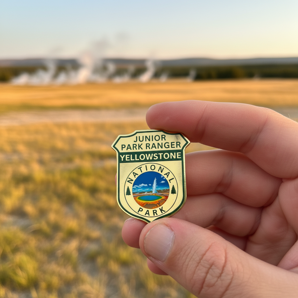 A hand holding a shield-shaped pin that reads 'Junior Park Ranger Yellowstone National Park' against a blurred outdoor Yellowstone landscape background.