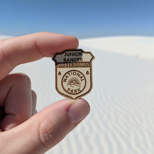 Hand holding a Junior Ranger badge for White Sands National Park against a sandy background