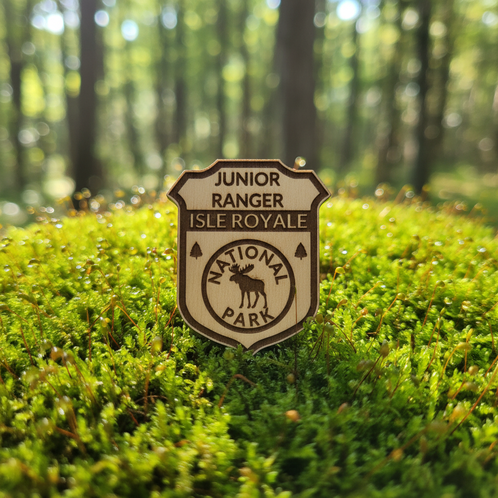 Junior Ranger Isle Royale National Park badge on green grass with trees in the background