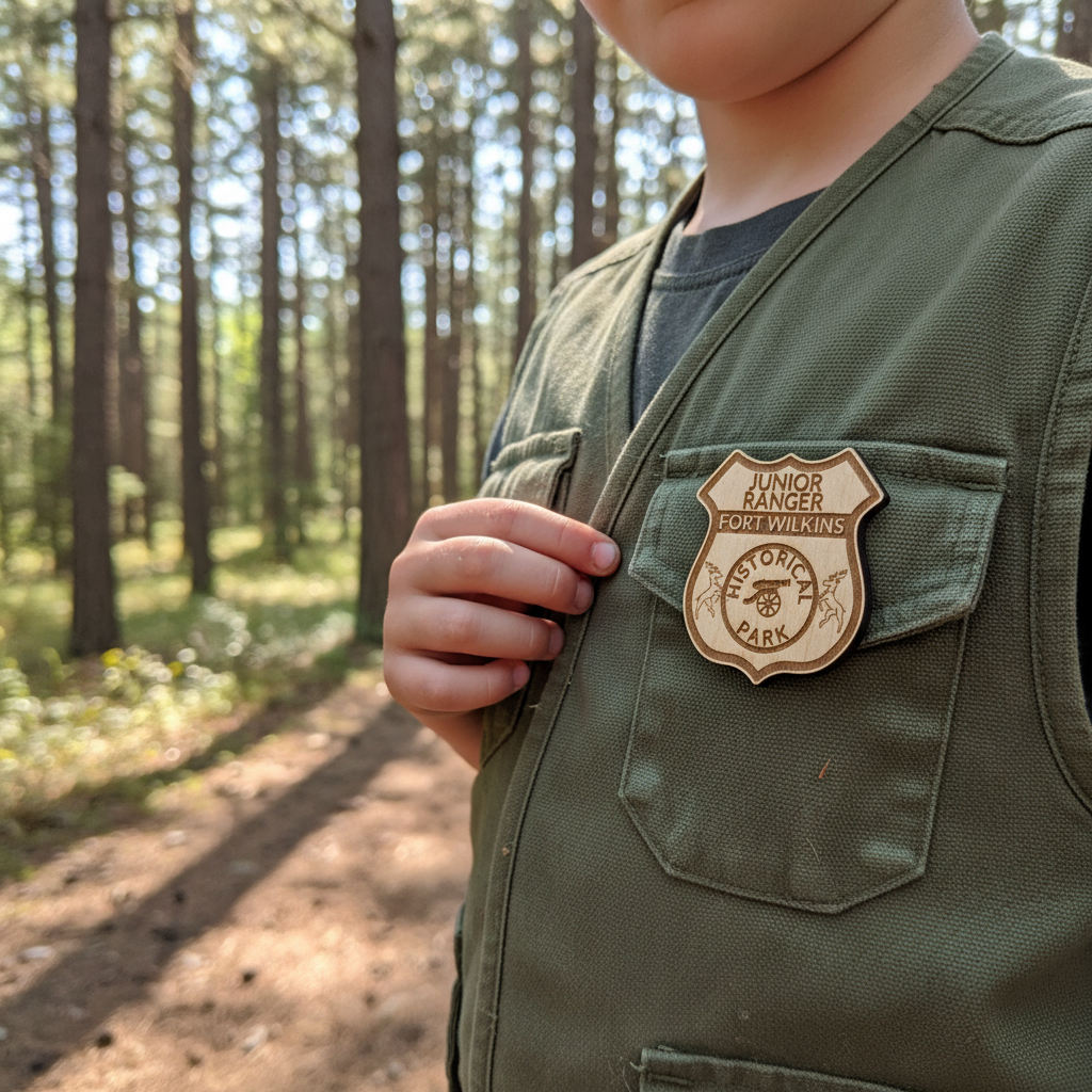Child wearing a green vest with a Junior Ranger badge in a forest setting