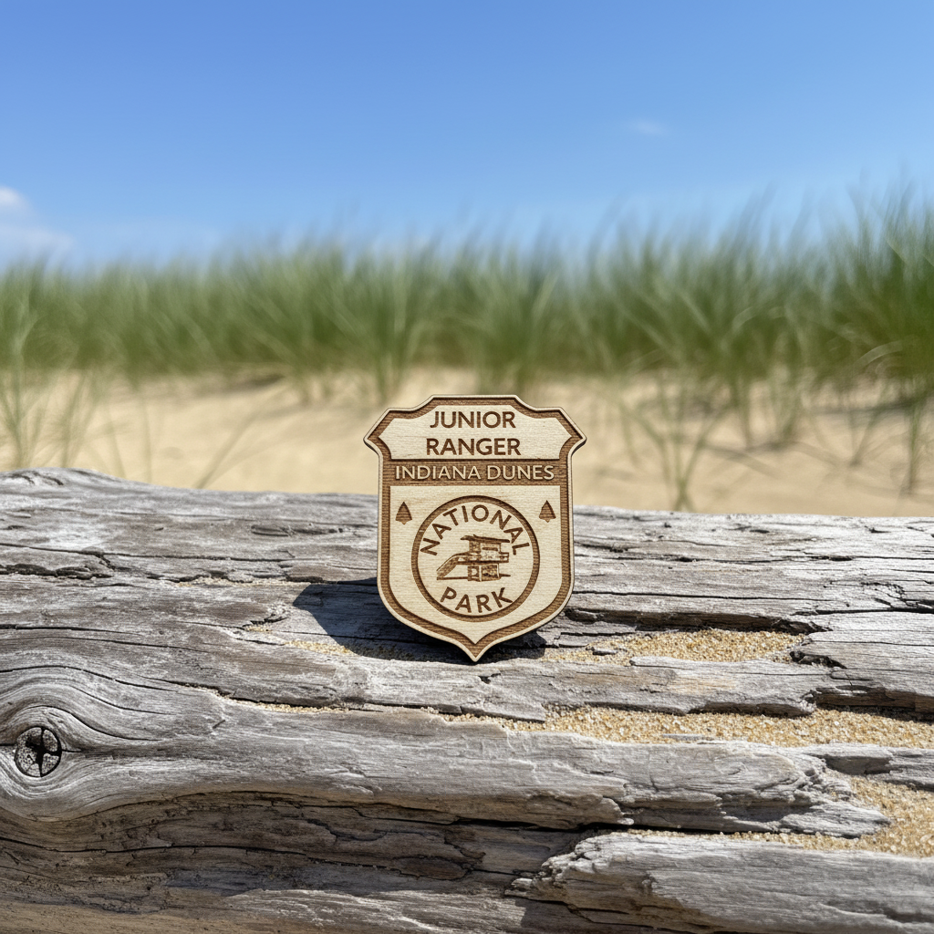 Junior Ranger badge from Indiana Dunes National Park on a piece of driftwood with grass and sky in the background