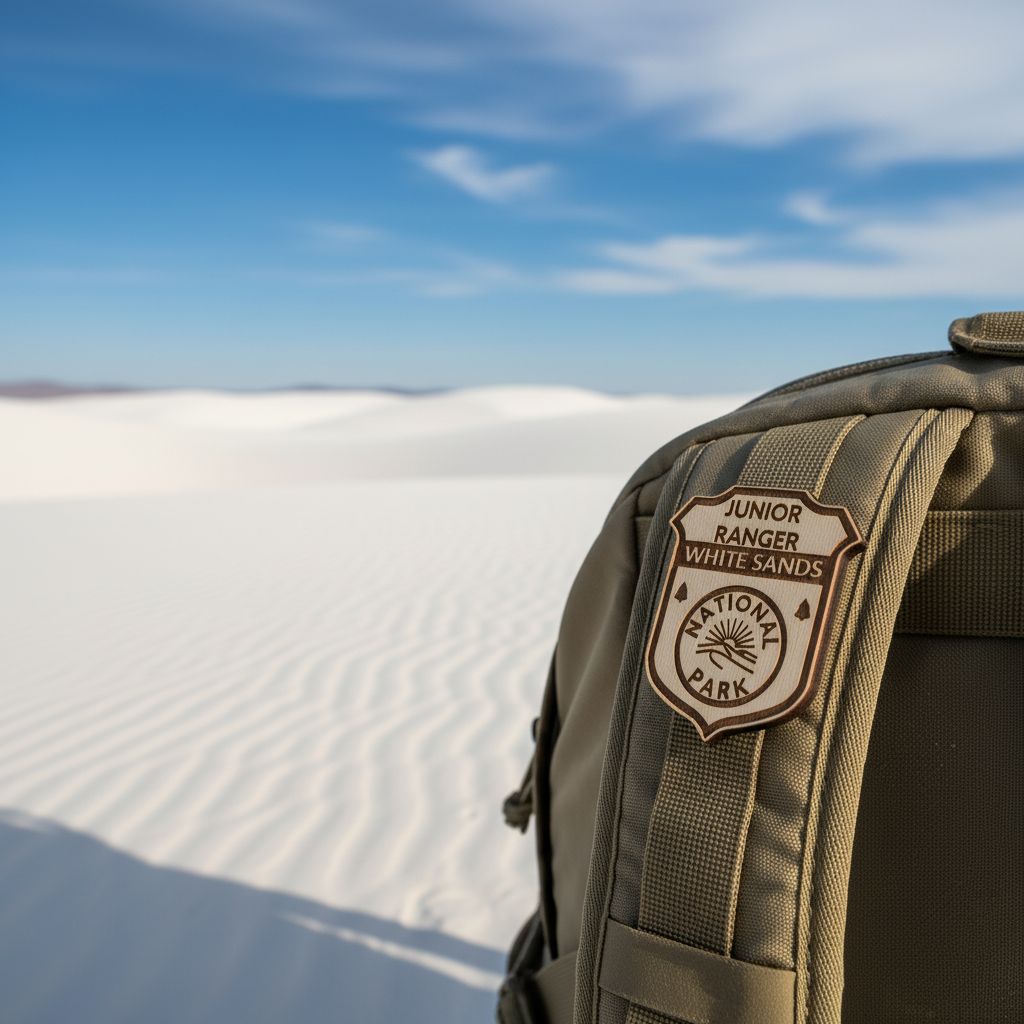 Backpack with a Junior Ranger National Park badge in front of white sand dunes