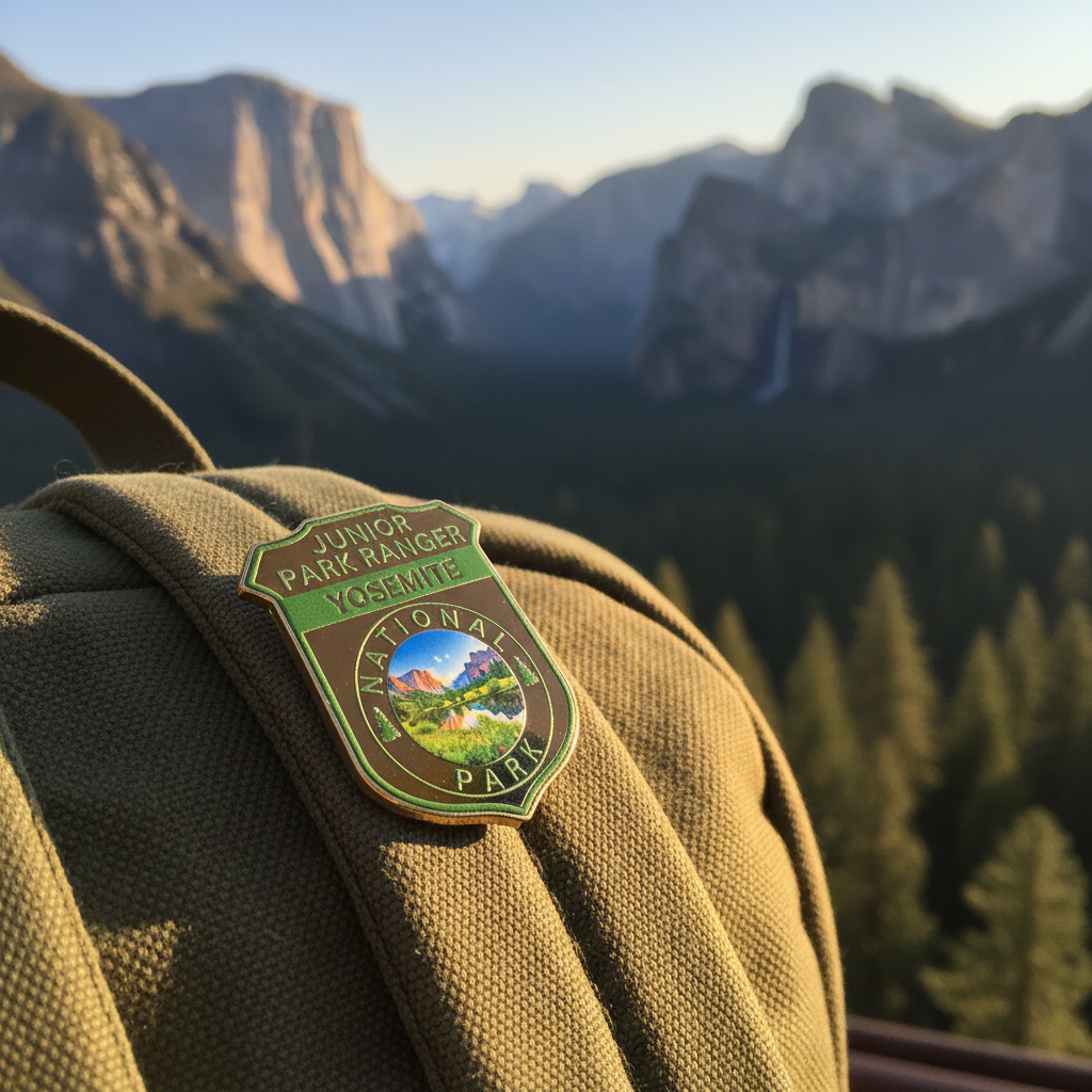 A close-up of an olive green canvas backpack strap with a 'Junior Park Ranger Yosemite' pin attached, set against a blurred background of Yosemite National Park mountains and pine forests.