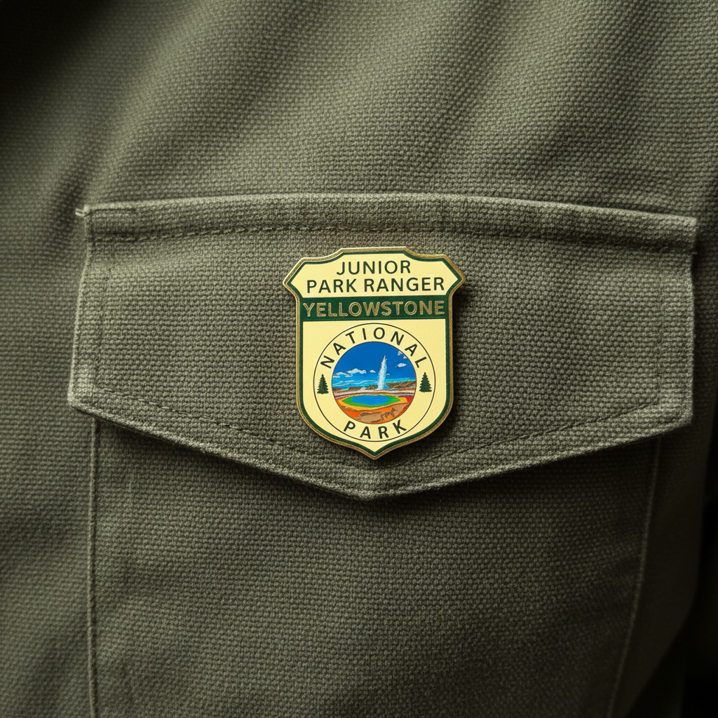 A close-up of an olive green uniform jacket pocket featuring a shield-shaped enamel pin that reads 'Junior Park Ranger Yellowstone National Park' with a landscape illustration.