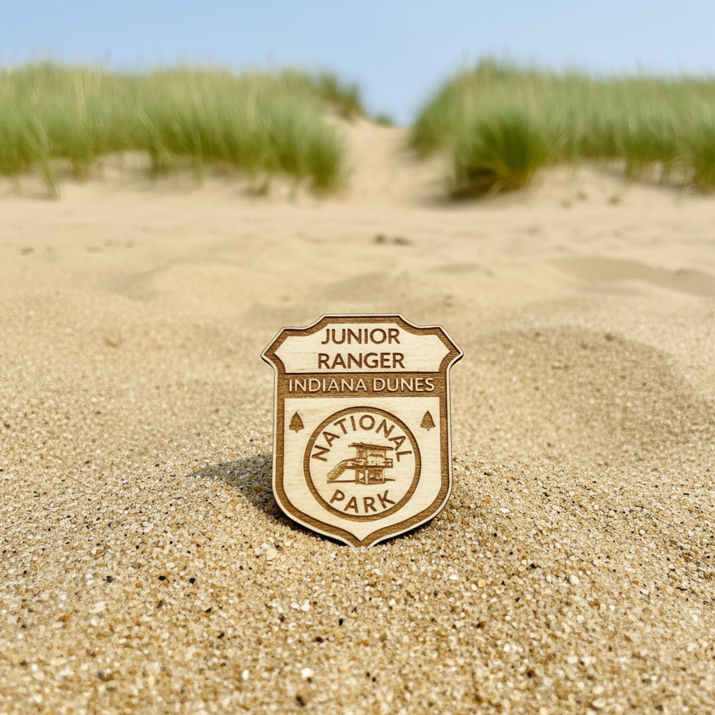 Junior Ranger badge from Indiana Dunes National Park on sand with grass in the background