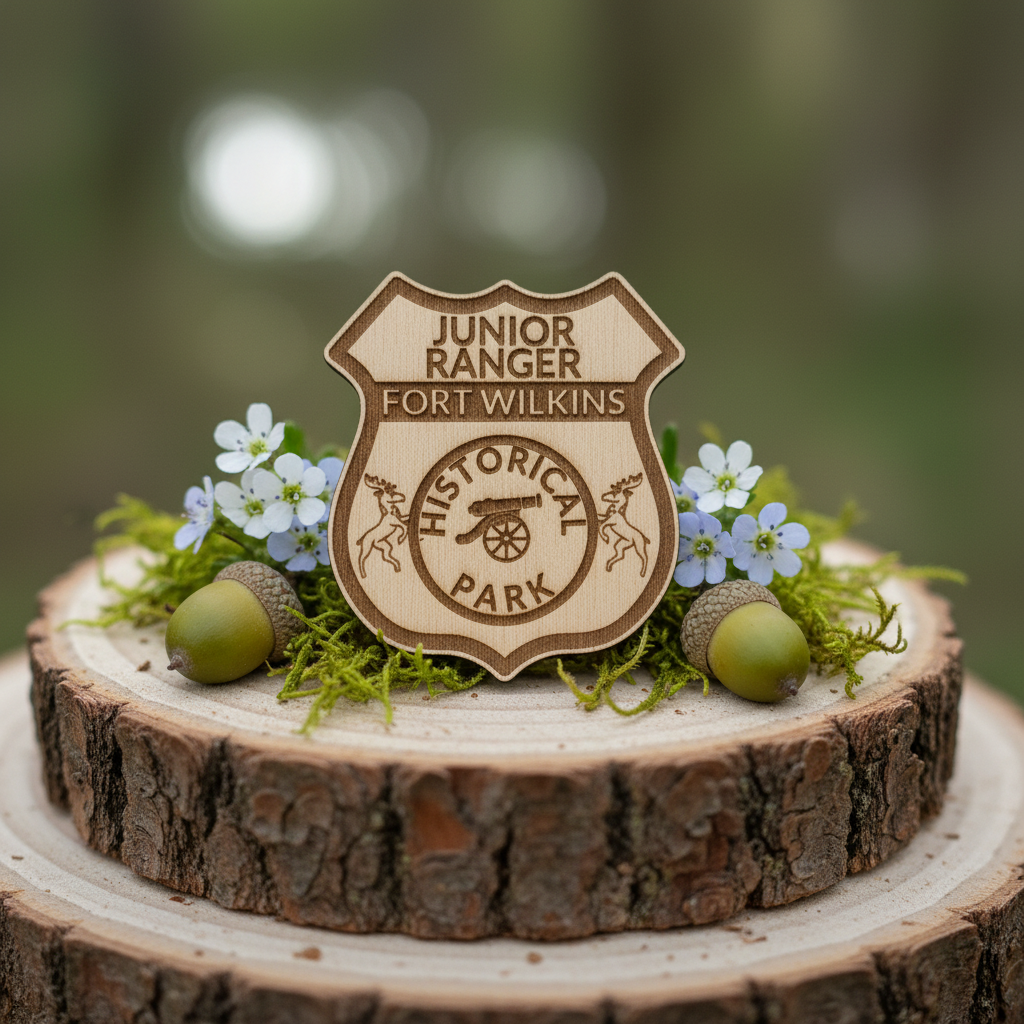Wooden badge with 'Junior Ranger Fort Wilkins Historical Park' on a wooden platform with flowers and acorns.