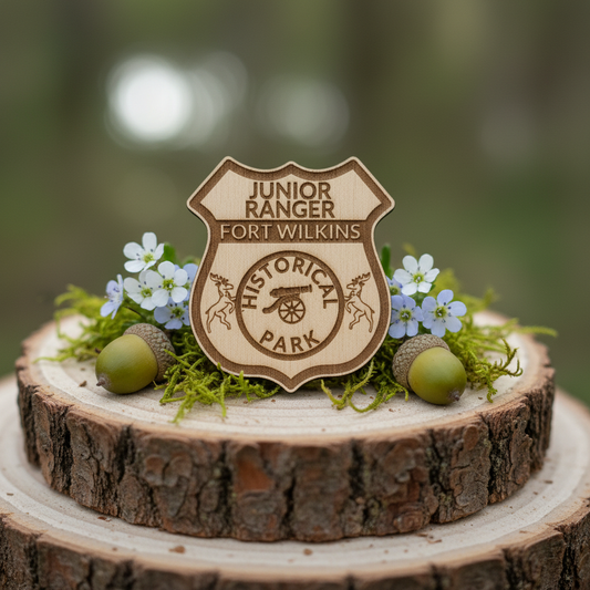 Wooden badge with 'Junior Ranger Fort Wilkins Historical Park' on a wooden platform with flowers and acorns.