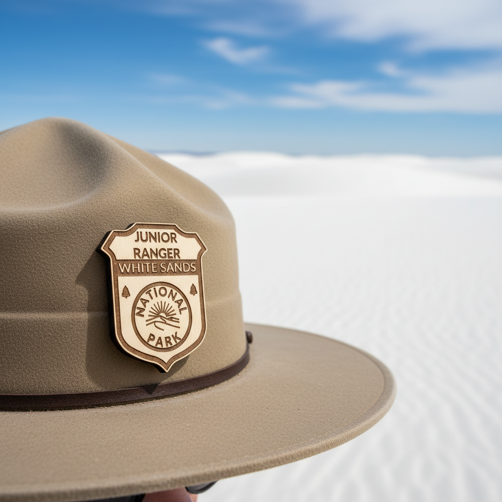 Badge pinned to canvas ranger hat with dunes background