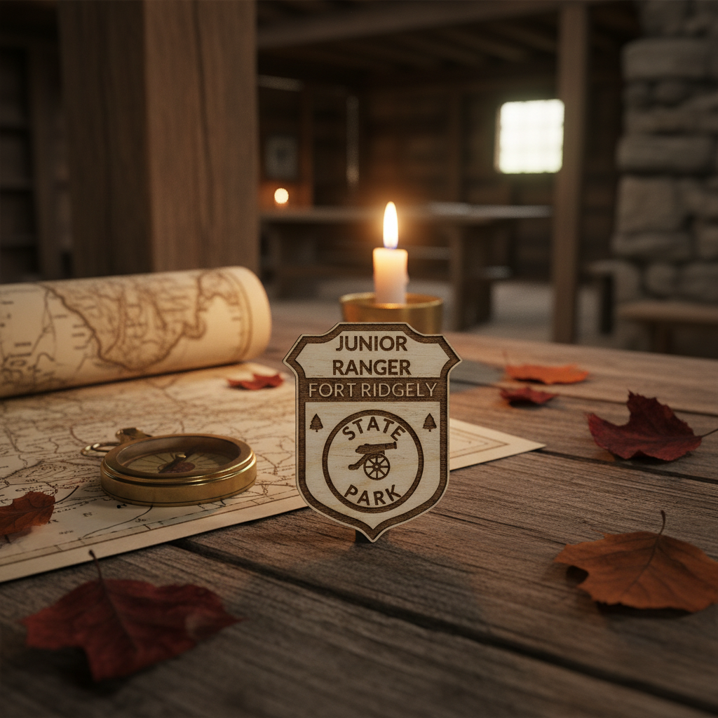 Junior Ranger Fort Ridgely State Park badge on a wooden table with a map and compass, candle in the background.