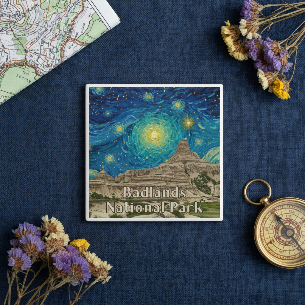 Badlands National Park ceramic coaster with starry night design on a blue surface with flowers and a compass.