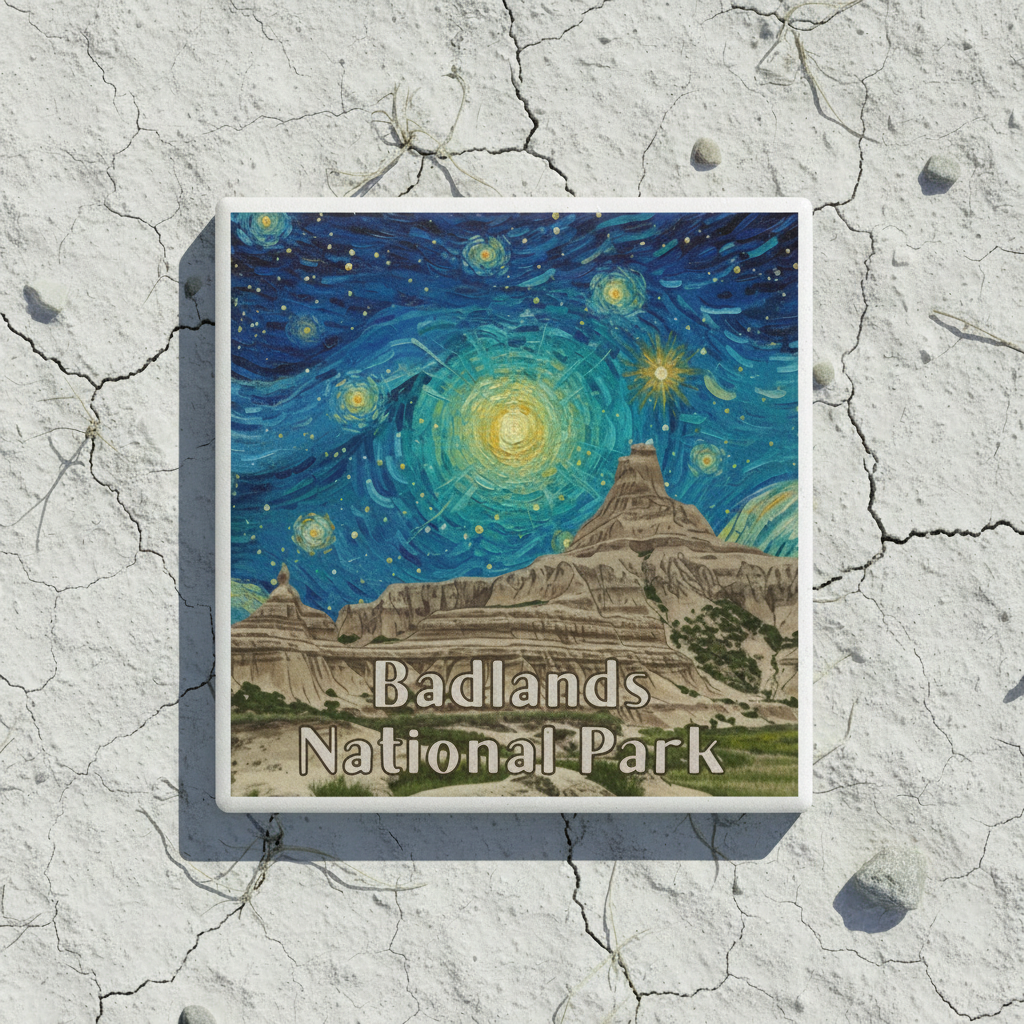 Artistic depiction of Badlands National Park under a starry night sky on a textured stone background.